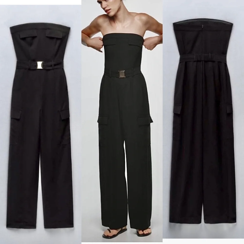 Zara belted black cargo pocket side strapless jumpsuit - Picture 1 of 8